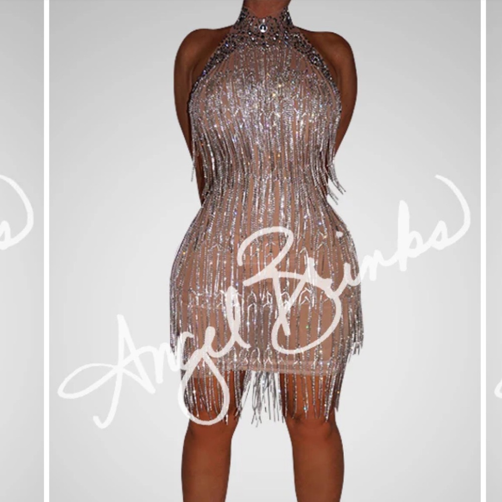 Halter Neck Silver Rhinestone Fringe Mini Dress